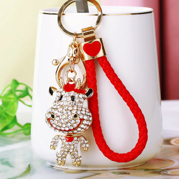 Mixed Jeweled Cow and Rabbit Keychains with Braided Loop Options