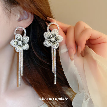 Crystal Flower and Chain Tassel Drop Earrings for Women