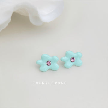 Mint Blue Enamel Flower Stud Earrings Pink Center Stone