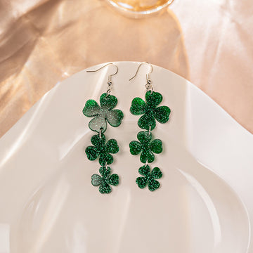 Green Glitter Shamrock Triple Cascade Long Hook Earrings