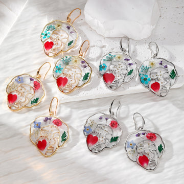 Gold and Silver Tone Face Pressed Flower Resin Hook Earrings