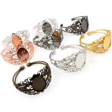 Ornate Oval Cabochon Tray Cuff Bracelets in Mixed Finishes