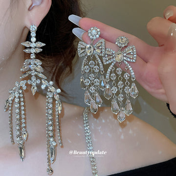 Silver Tone Crystal Bow and Fringe Stud Earrings Jewelry