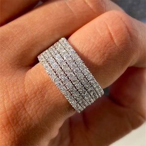 Wide Six-Row Clear Stone Band Ring In Polished Silver Tone