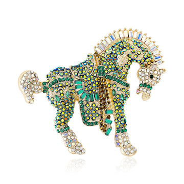 Colorful Crystal Horse Brooch With Faceted Crystals And Polished Metal Details