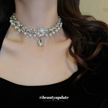 Silver Pearl Crystal Statement Choker Round Teardrop Pendant
