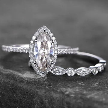 Silver Tone Marquise Halo Ring Set Clear Stones Two Bands
