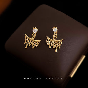 Gold Melting Openwork Front Back Stud Earrings Crystal