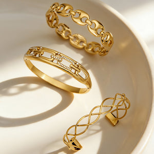 Hollow Link Clasp and Open Twist Bangles Gold Steel