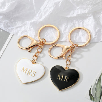 Gold Tone Black and White MR and MRS Heart Keychains