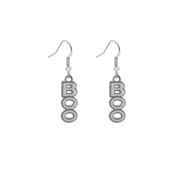 Silver BOO Letter Drop Earrings White Enamel Fishhooks