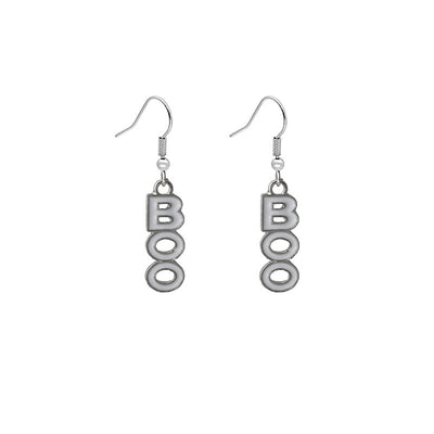 Silver fishhook earrings with white enamel BOO letter drops