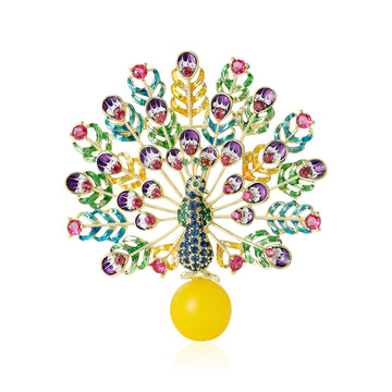 Multicolor Peacock Brooch With Faceted Crystals And Polished Metal Details
