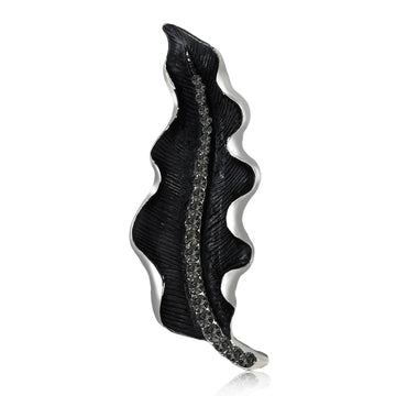 Black Textured Leaf Brooch Silver Rim Dark Crystal Midrib