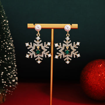 Snowflake Green Center Pearl Look Holiday Stud Earrings