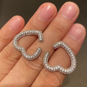 Silver Tone Pavé Heart Open Hoop Earrings with Clear Stone Accents