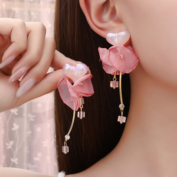 Pink Heart Flower and Long Gold Tone Chain Tassel Earrings