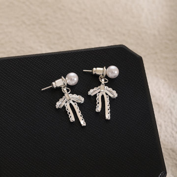 Silver Bow Pearl Look Open Ribbon Dangle Stud Earrings