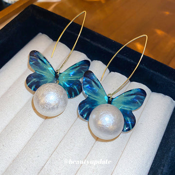 Blue Butterfly Hoop Drop Earrings with Round Faux Pearl Accent