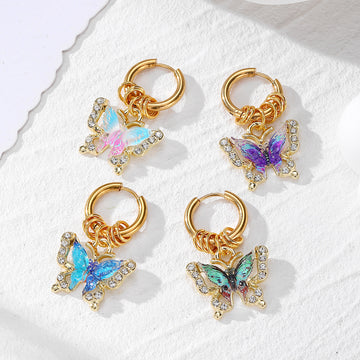 Gold Hoop Rhinestone Butterfly Charm Earrings 4 Colors