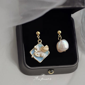Asymmetric Blue Enamel Flower Baroque Pearl Drop Earrings