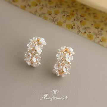 Gold Tone White Pearlescent Flower Cluster Half Hoop Stud Earrings