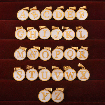 Gold Round White Shell Initial Letter Pendant Charms