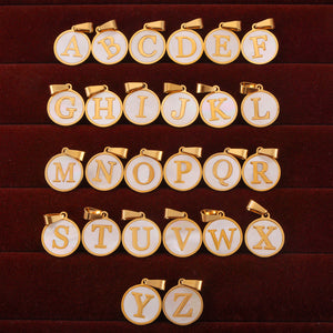 Gold Round White Shell Initial Letter Pendant Charms