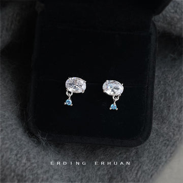 Silver Tone Large Clear Oval Stone Small Blue Stone Stud Earrings