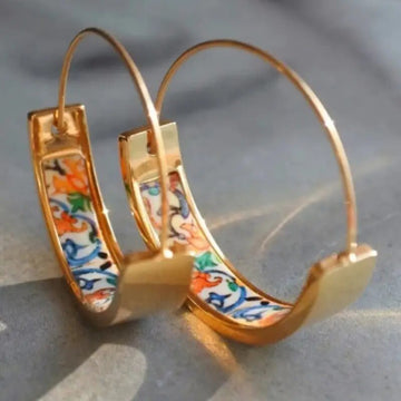 Gold Tone Multicolor Enamel Hoop Earrings with Cutout Pattern