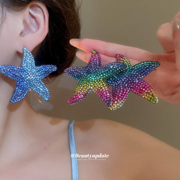 Crystal Starfish Stud Earrings in Blue and Rainbow Colors