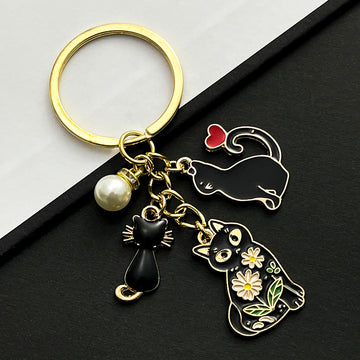 Black Cat Heart and Faux Pearl Enamel Charm Keychain