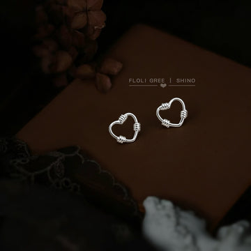 Silver Tone Textured Segmented Open Heart Outline Stud Earrings