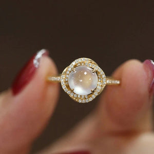 Gold Moonstone Look Cabochon Halo Clear Stone Ring 6-10