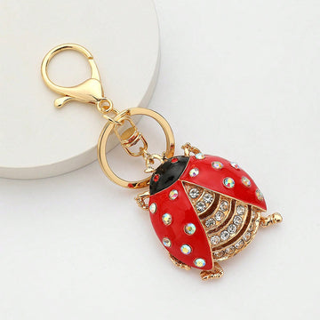 Red Enamel Rhinestone Ladybug Keychain Gold Lobster Clasp