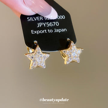 Gold Tone Clear Crystal Pave Star Huggie Hoop Earrings