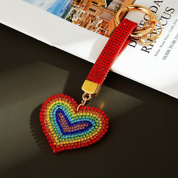 Full Crystal Rainbow Heart Keychain with Gold Tone Ring and Clasp