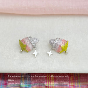 Pink Enamel Strawberry Stud Earrings Star Drop Charms