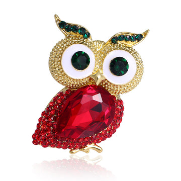 Gold Tone Owl Brooch Red Rhinestone Body Green Crystal Eyes