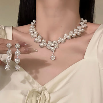 Silver Pearl Flower Necklace Rhinestone Dangle Earrings Set