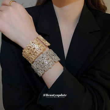 Openwork Filigree Square Flower Metal Cuff Bracelet 2 Tones