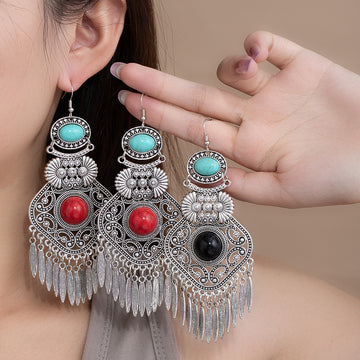 Red and Black Stone Antique Silver Leaf Tassel Earrings