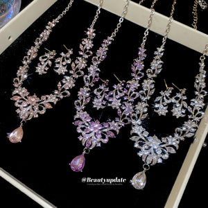 Floral Rhinestone Necklace and Drop Earring Set with Teardrop Stone, Silver Tone