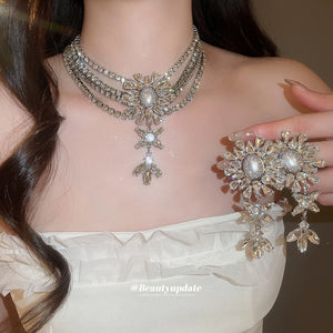 Silver Crystal Pearl Flower Necklace And Drop Earrings