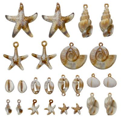 Beige seashell and starfish charms arranged on a light background