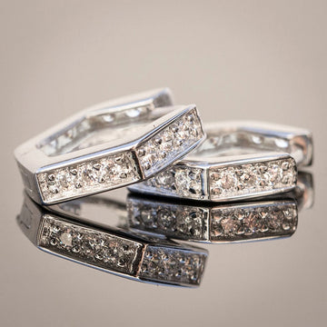 Silver Tone Hexagonal Huggie Earrings With Clear Stone Rows