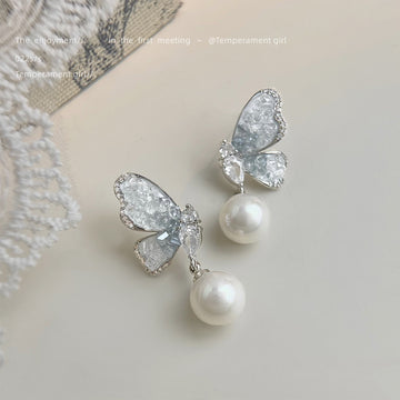Silver Tone Clear Butterfly And White Pearl Drop Stud Earrings