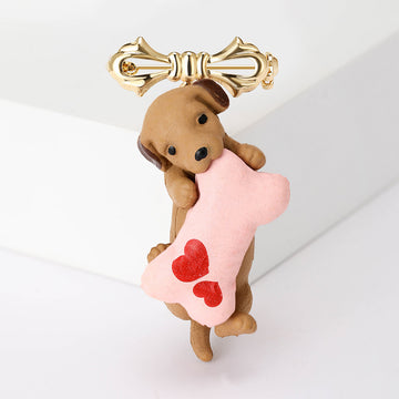Brown Dog Gold Bow Brooch Holding Pink Heart Bone Pin