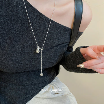 Silver Tone Pod and Faux Pearl Drop Chain Necklace