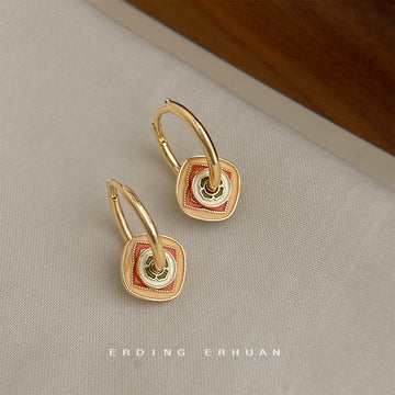 Gold Enamel Geometric Square Charm Hoop Earrings Pair
